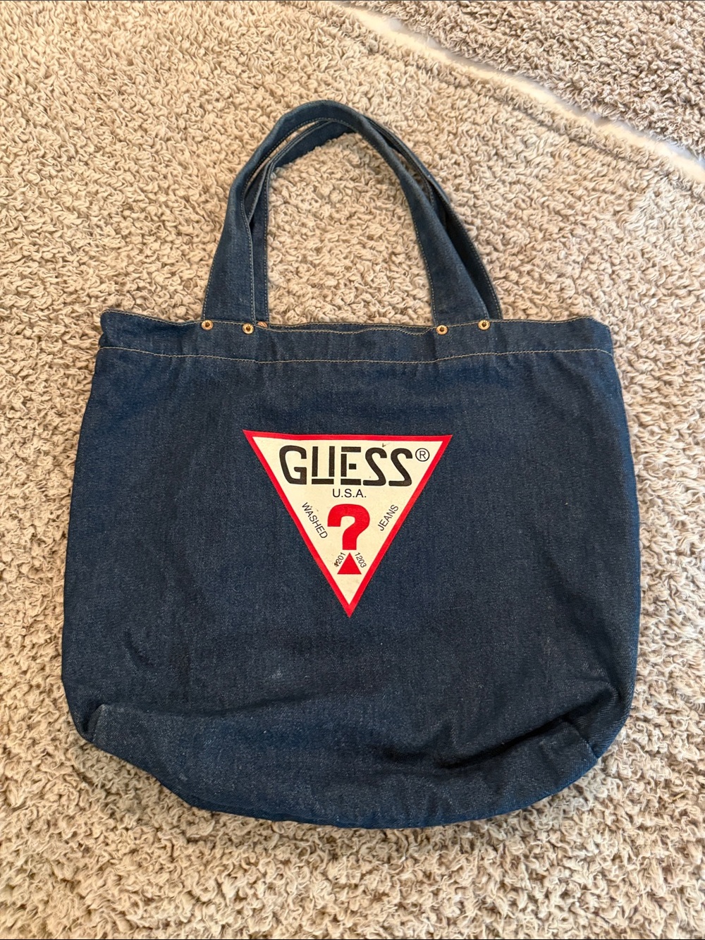 Guess Denim Tote Bag - Dark Blue with Red and White Logo